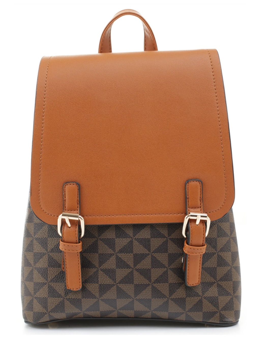 ATRIE vegan leather geometric fashion backpack, brown & Cognac, Front Flap NWT - Picture 2 of 10